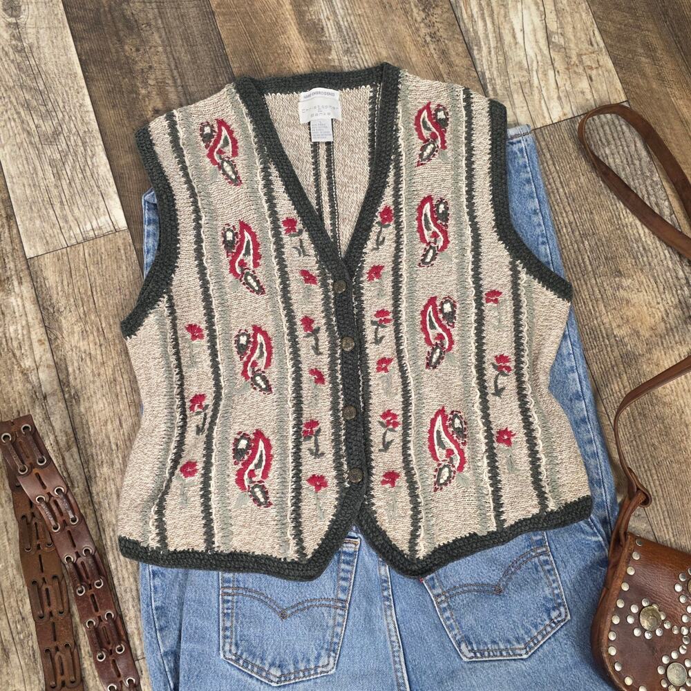 Vintage Hand Embroidered Paisley Sweater Vest Cottage Size Large Western Folk